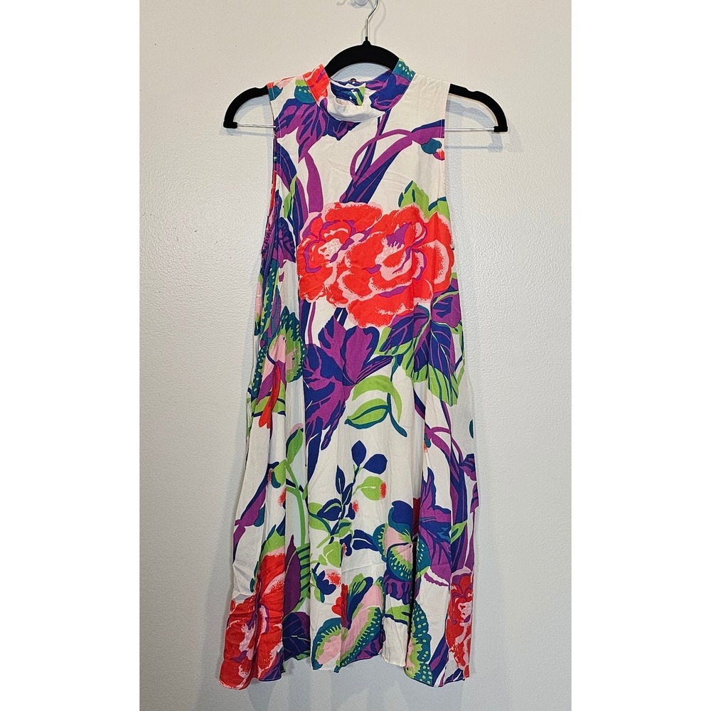 Maeve Anthropologie Ivory Floral Silk Sleeveless Mock Neck Swing Mini Dress Sz 4